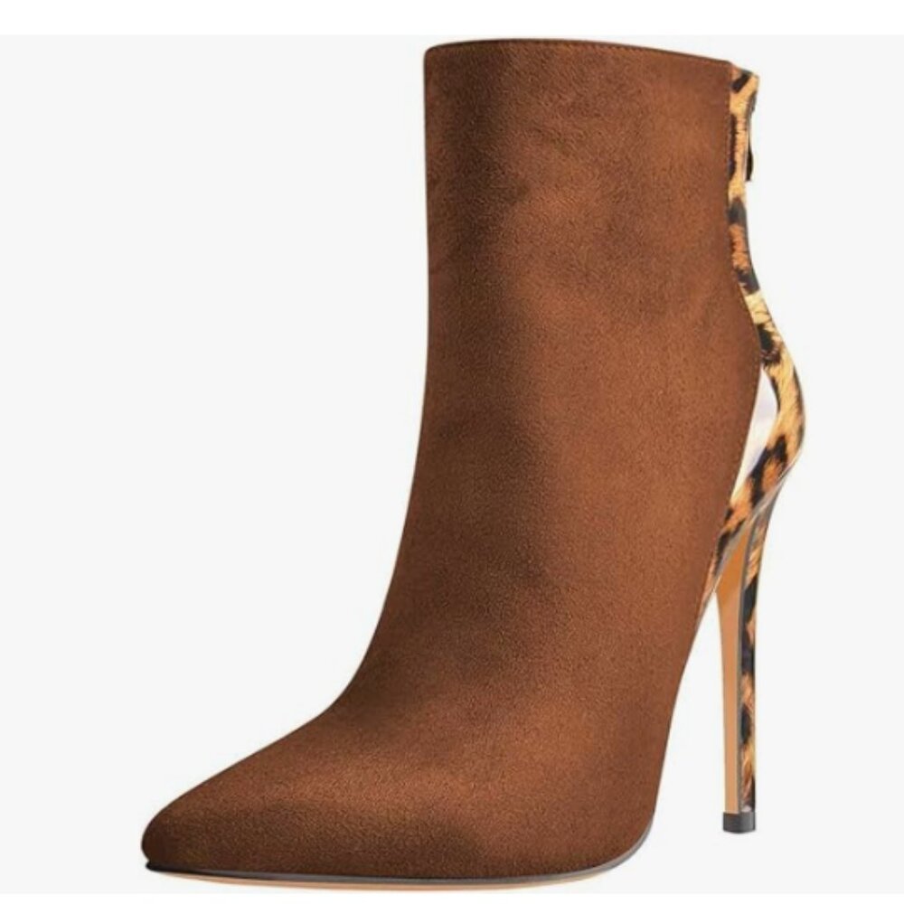 FSJ Brown High Heel Ankle Boots Leopard Print Pointed Toe Stilettos Zipper Shoes